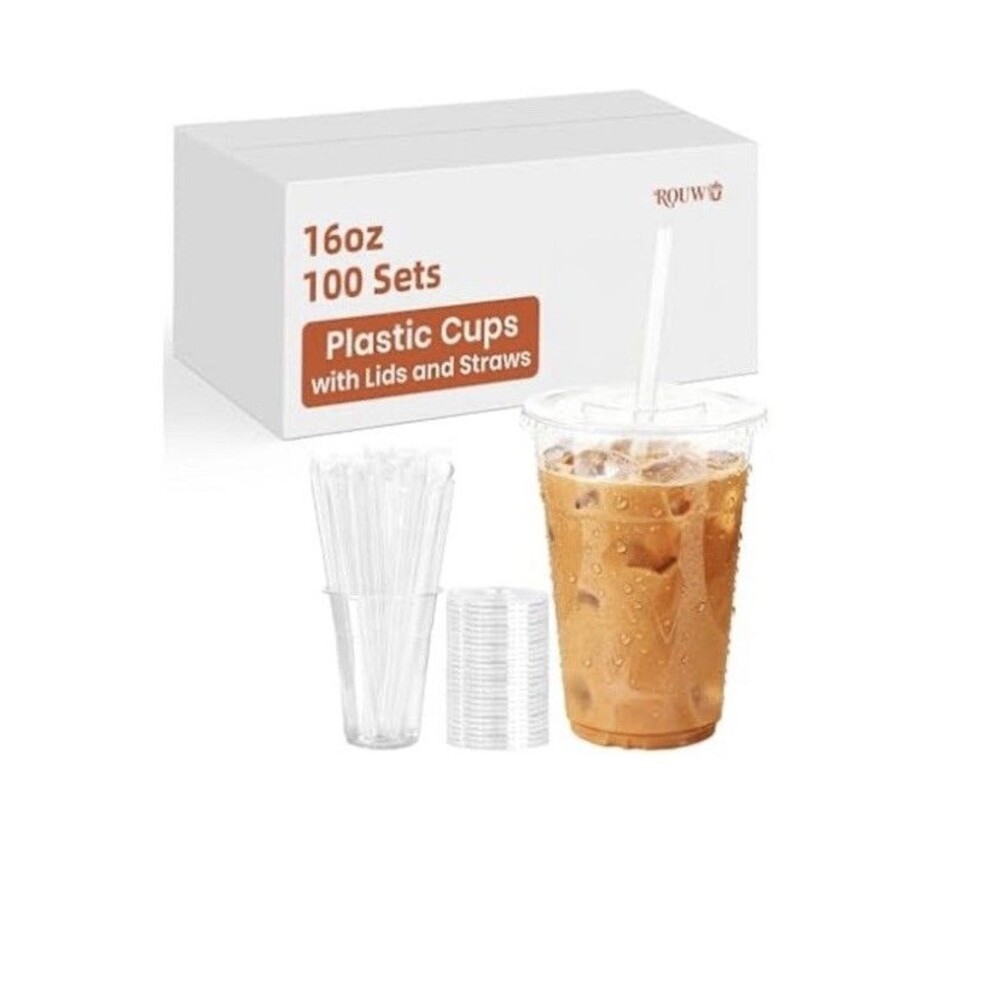 100 Pack 16 oz Clear Plastic Cups with Lids & Straws, Disposable Plastic nib